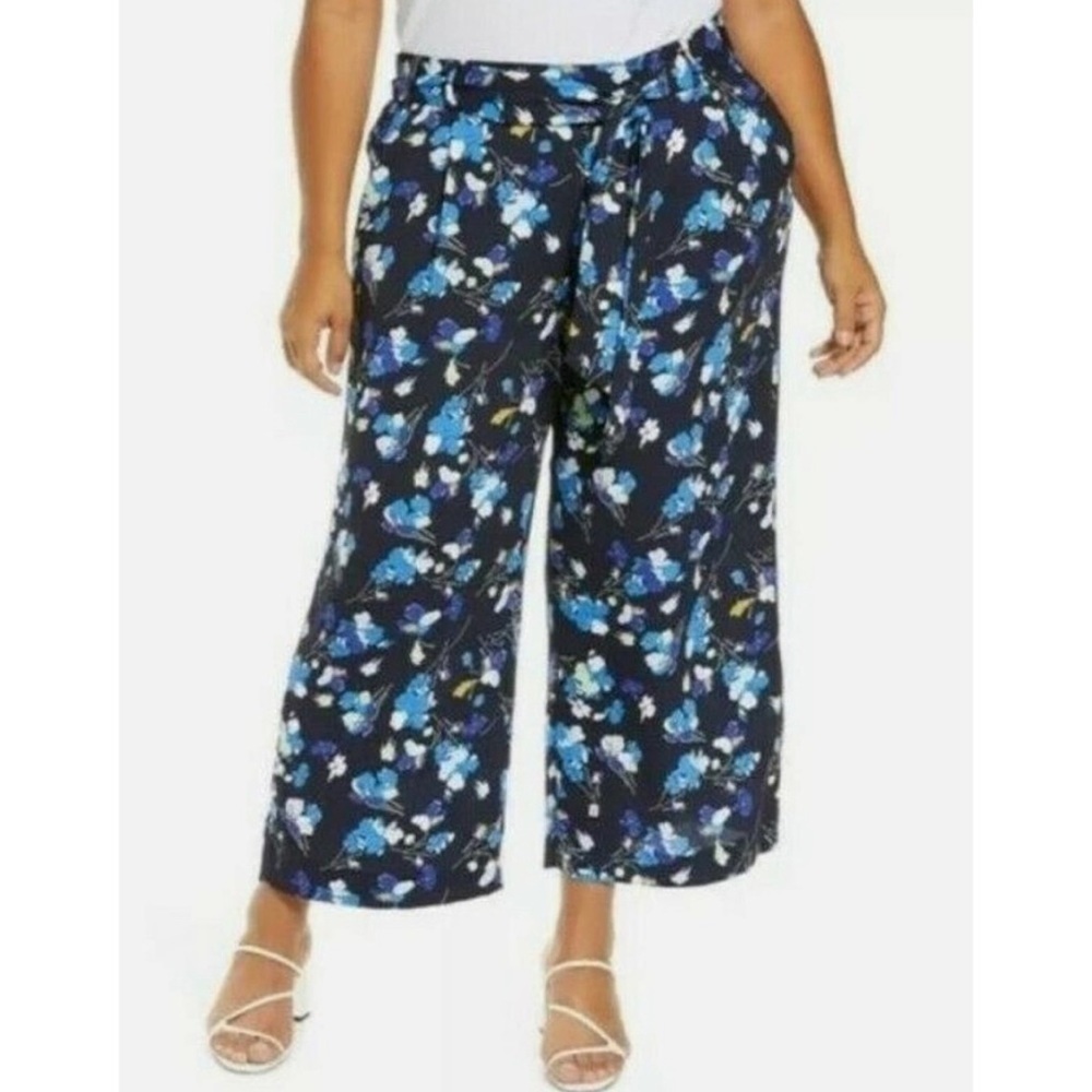 NWOT Halogen Navy Floral Plus Size Tie Waist Wide Leg Crop Capri Pants - Picture 5 of 6